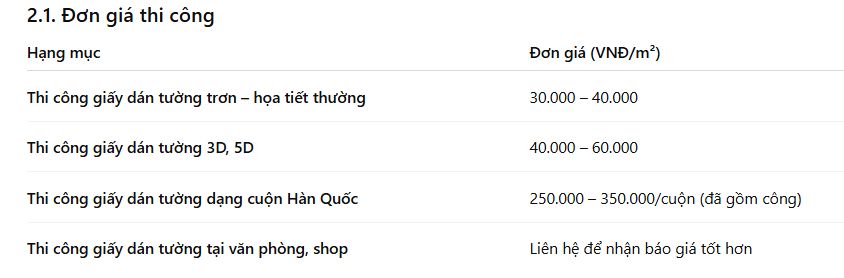 đơn giá thi công giấy dán tường 