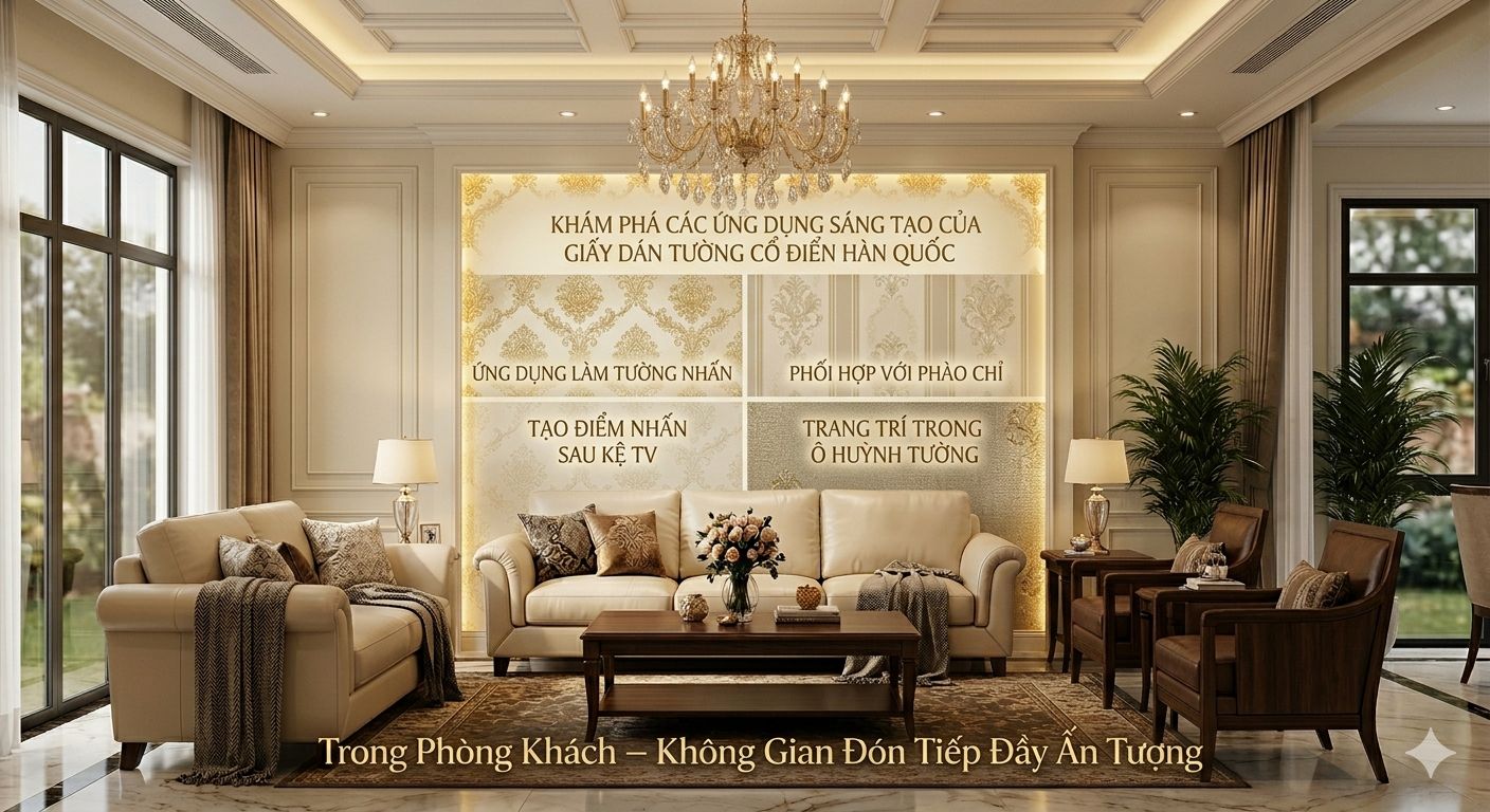 ứng dụng của giấy dán tường cổ điển hàn quốc cho phòng khách