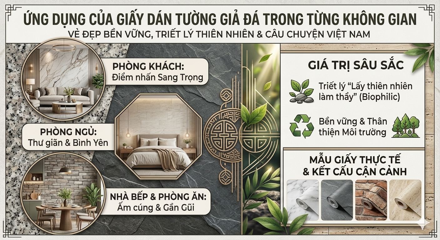 ứng dụng của giấy dán tường giả đá cho từng không gian