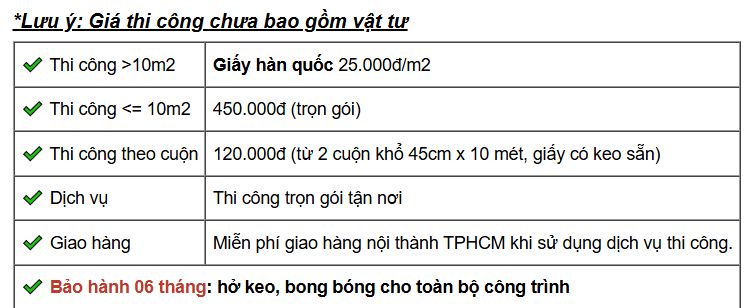 bảng báo giá thi công giấy dán tường mới nhất 