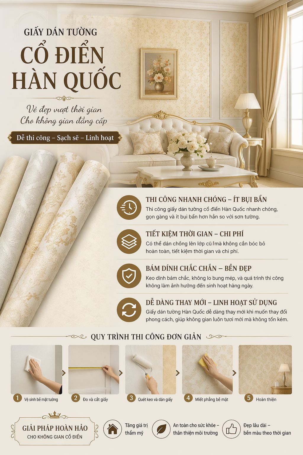 GIẤY Dán tường cổ điển hàn quốc dễ dàng thi công - thay đổi