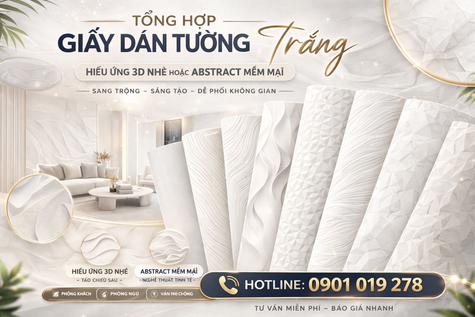 giấy dán tường màu trắng Hiệu ứng 3D nhẹ hoặc abstract mềm mại