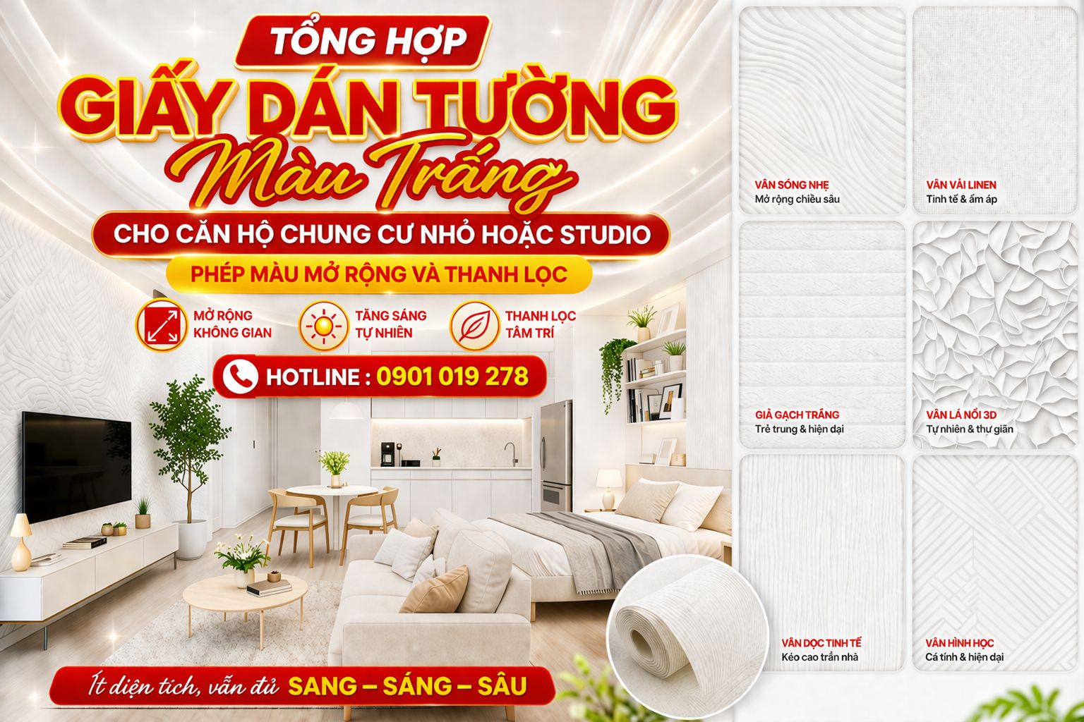 giấy dán tường màu trắng cho không gian nhỏ
