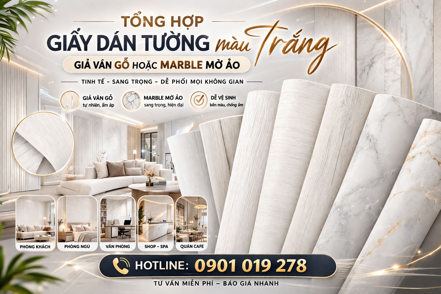 Giấy dán tường màu trắng Trắng giả vân gỗ hoặc marble mờ ảo