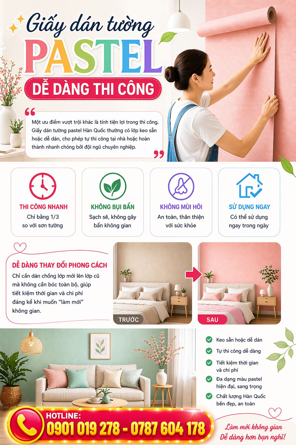 giấy dán tường pastel hàn quốc dễ dàng thi công