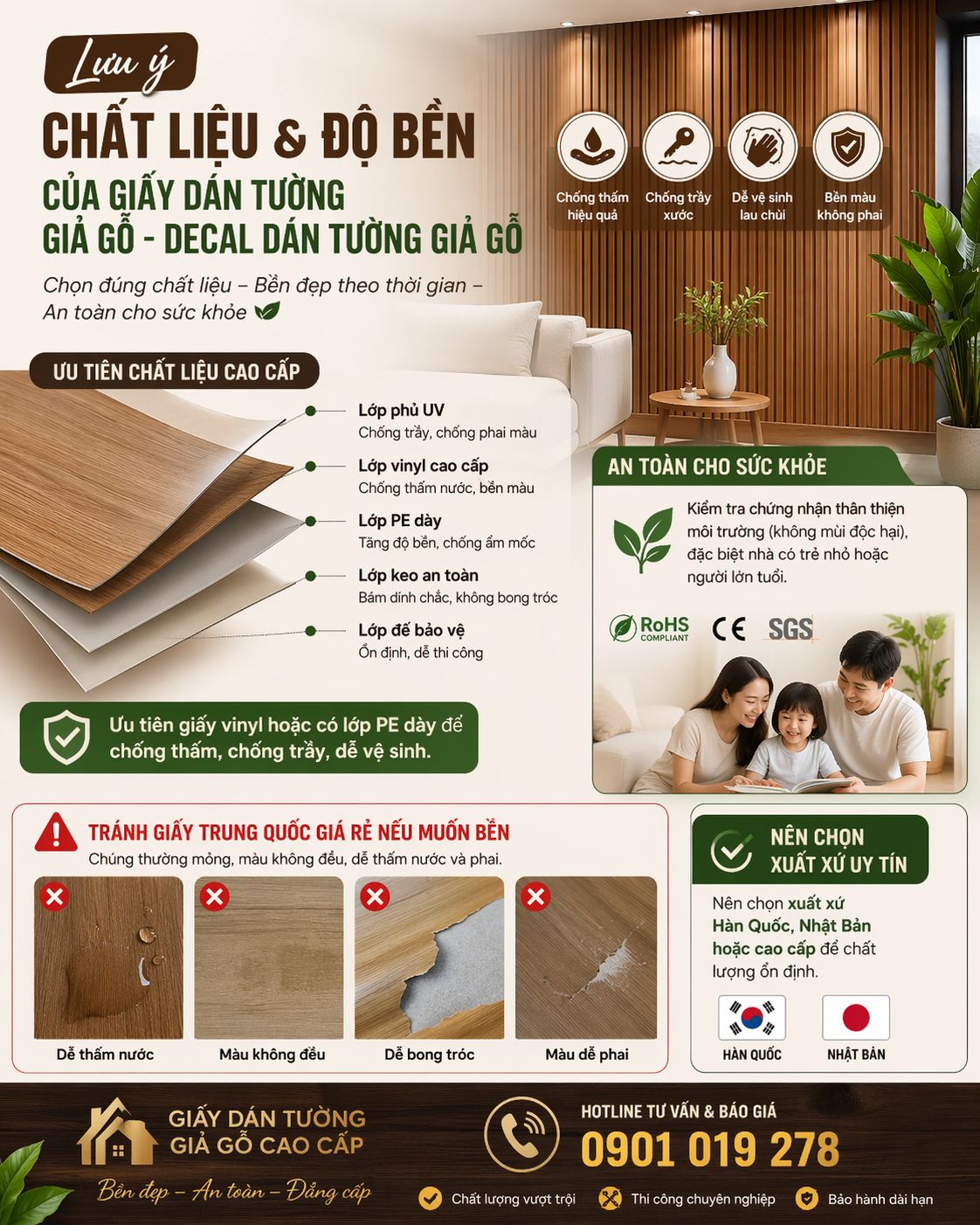 Lưu ý chất liệu và độ bền của giấy dán tường giả gỗ