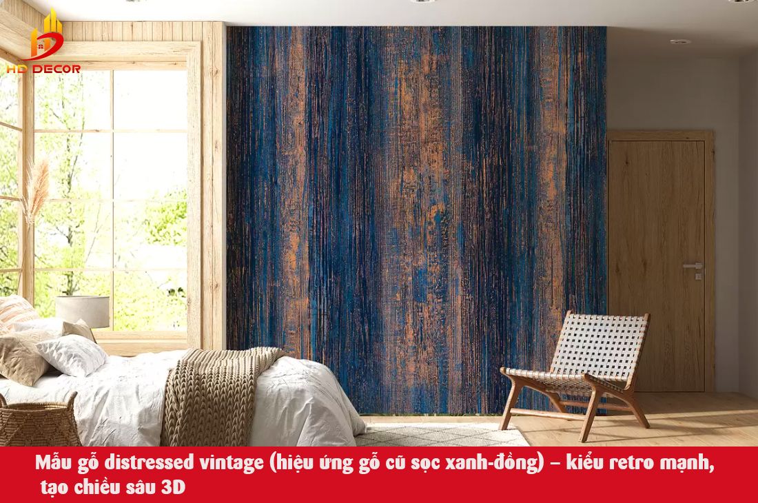 Mẫu gỗ distressed vintage (hiệu ứng gỗ cũ sọc xanh-đồng) – kiểu retro mạnh, tạo chiều sâu 3D,