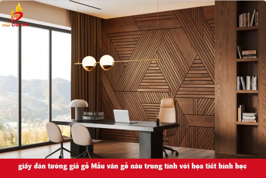 Mẫu giấy dán tường vân gỗ nâu trung tính với họa tiết hình học