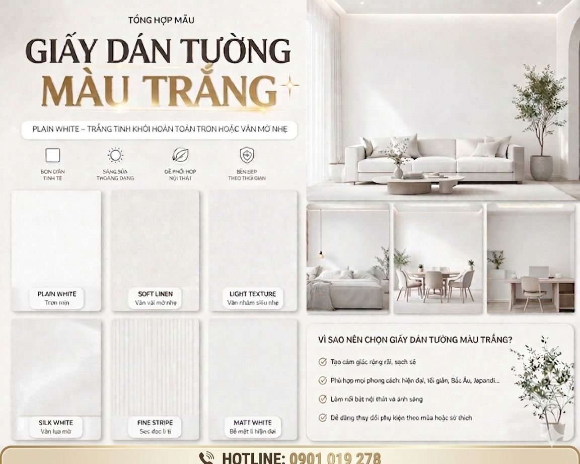 Plain White – giấy dán tường Trắng tinh khôi hoàn toàn trơn hoặc vân mờ nhẹ