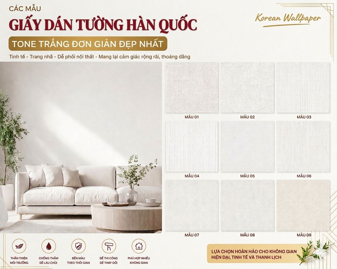 tổng hợp những mẫu giấy dán tường hàn quốc tone trắng đơn giản