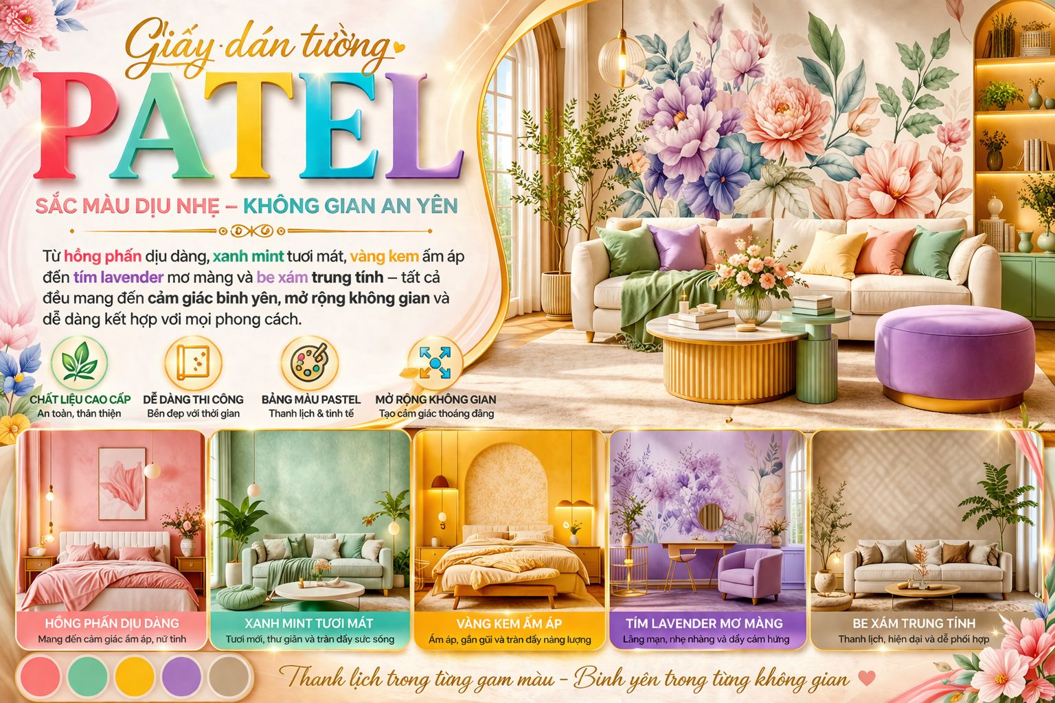 giấy dán tường pastel Từ hồng phấn dịu dàng, xanh mint tươi mát, vàng kem ấm áp đến tím lavender mơ màng và be xám trung tính