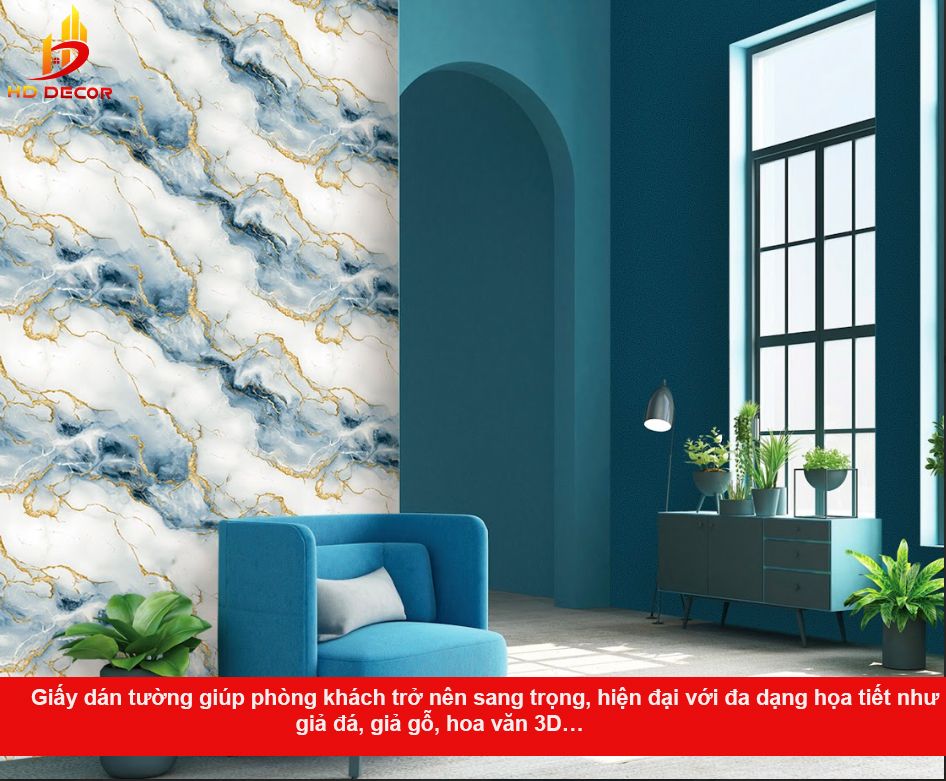 thi công giấy dán tường cho phòng khách 