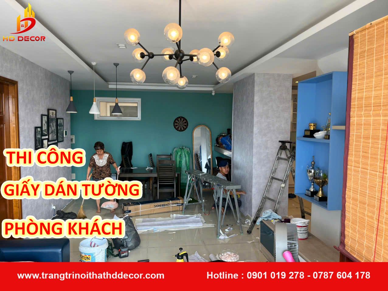 THI CÔNG GIẤY DÁN TƯỜNG PHÒNG KHÁCH 