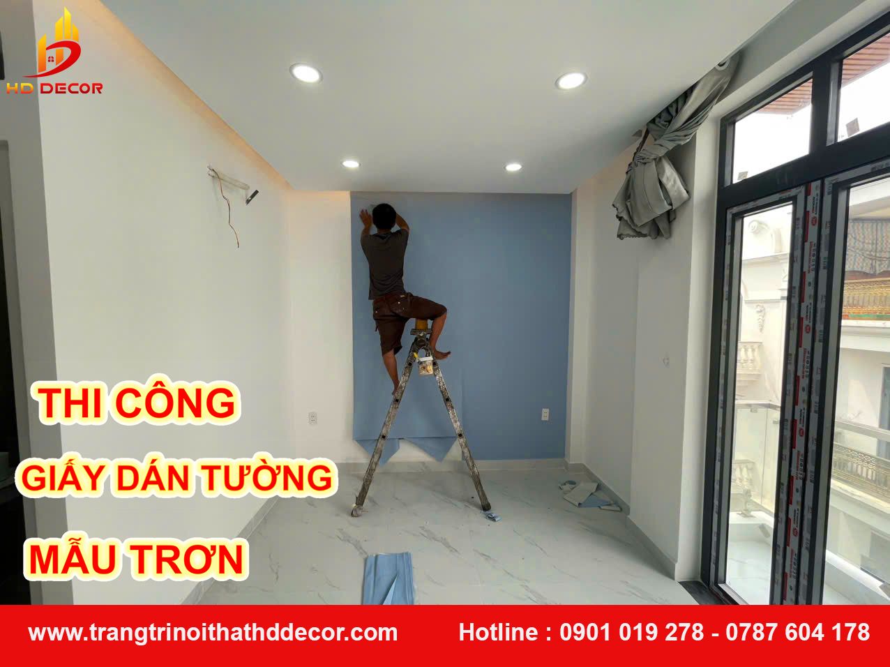 thi công giấy dán tường mẫu trơn 