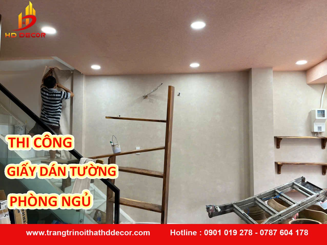 THI CÔNG giấy dán tường phòng ngủ 