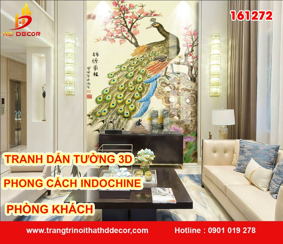 tranh dán tường 3d phong cách indochine phòng khách 