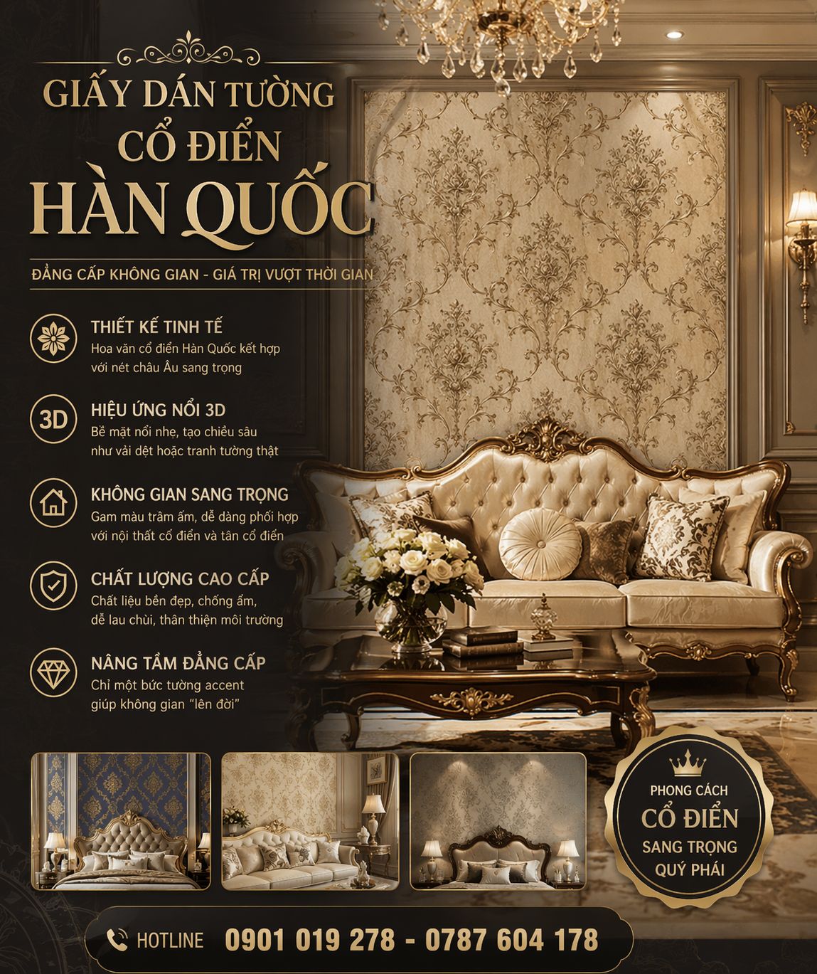 .giấy dán tường cổ điển HÀN QUỐC Thiết kế tinh tế, mang đậm dấu ấn cổ điển sang trọng
