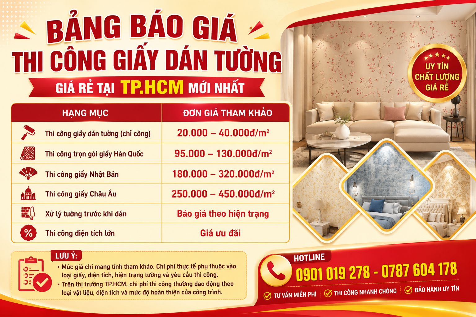 bảng báo giá thi công giấy dán tường giá rẻ