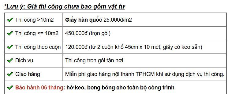bảng báo giá thi công giấy dán tường mới nhất