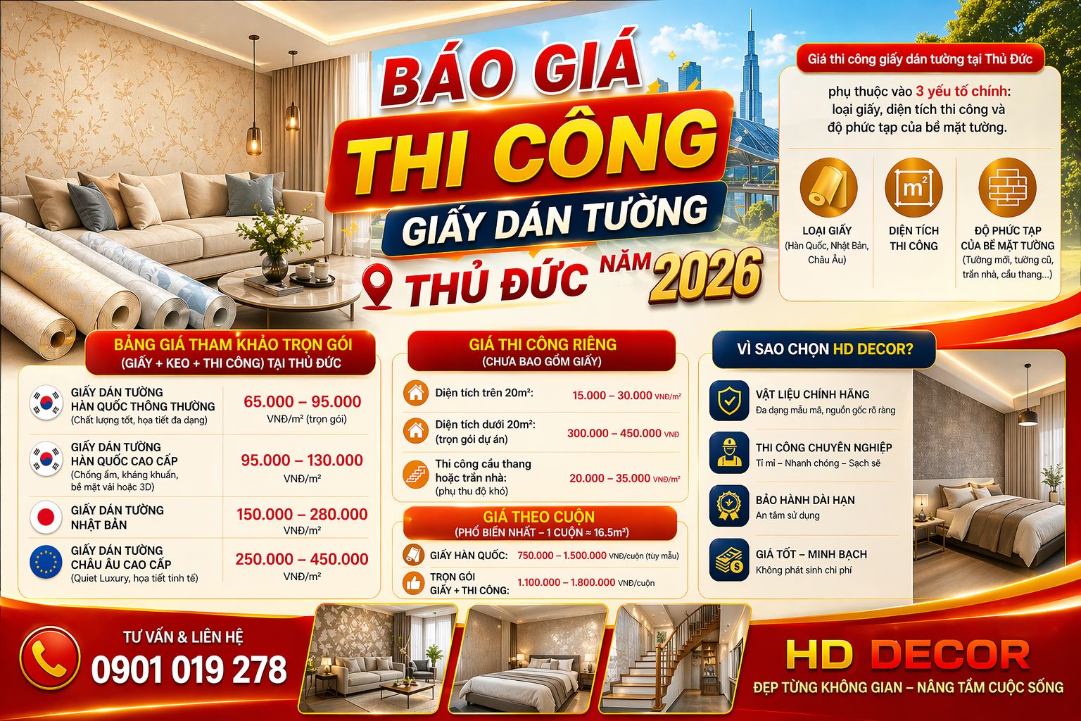 báo giá thi công giấy dán tường năm 2026