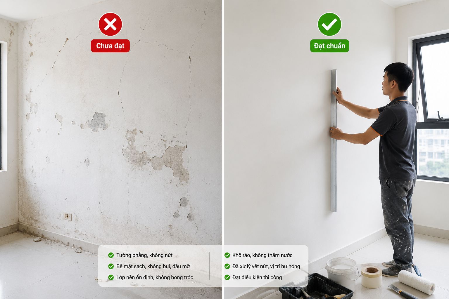 tường đạt chuẩn trước khi thi công giấy dán tường