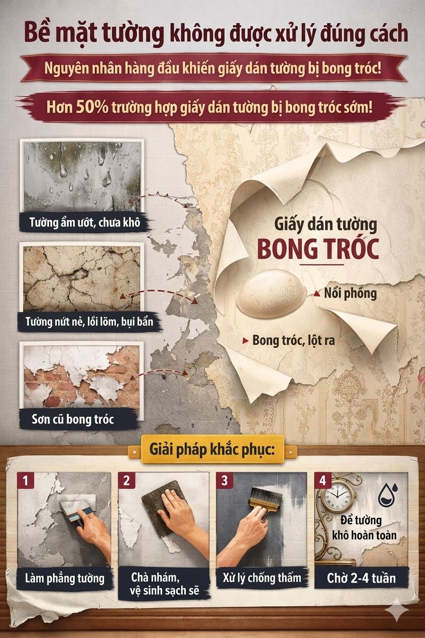 Bề mặt tường không được xử lý đúng cách – Nguyên nhân hàng đầu khiến giấy bị bong tróc