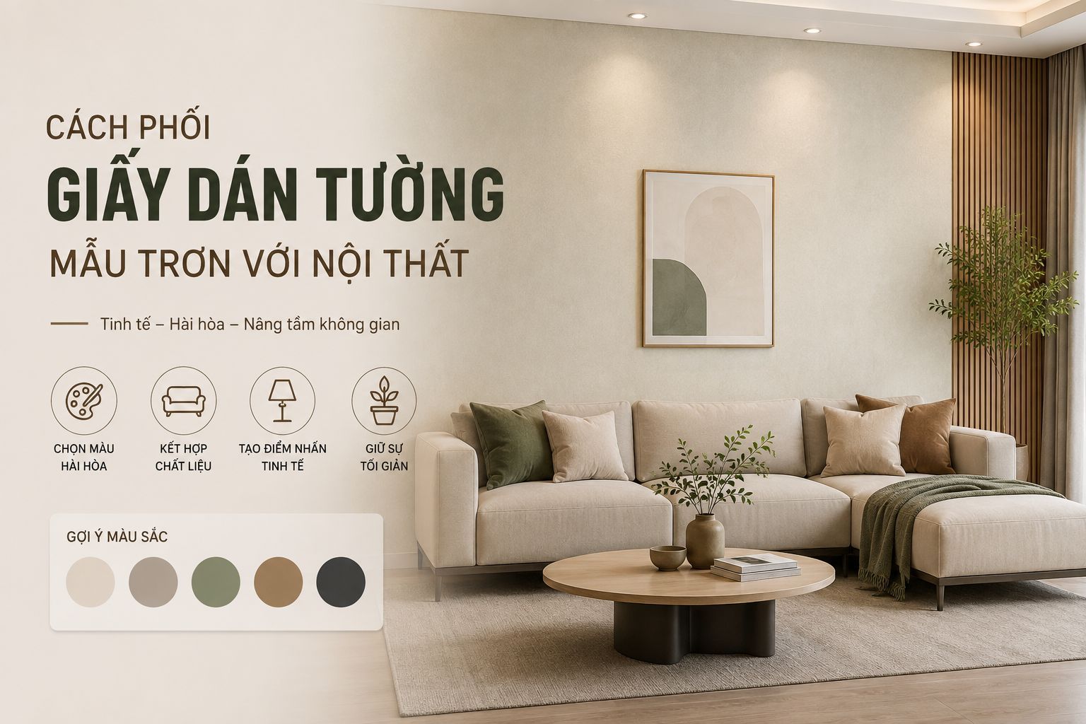cách phối giấy dán tường mẫu trơn với nội thất