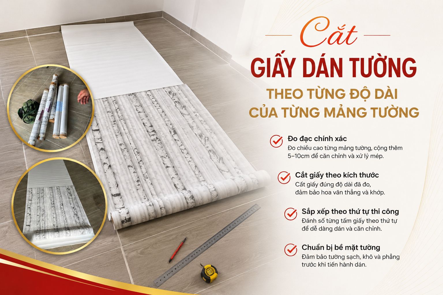 cắt giấy dán tường theo từng độ dài của từng mảng tường