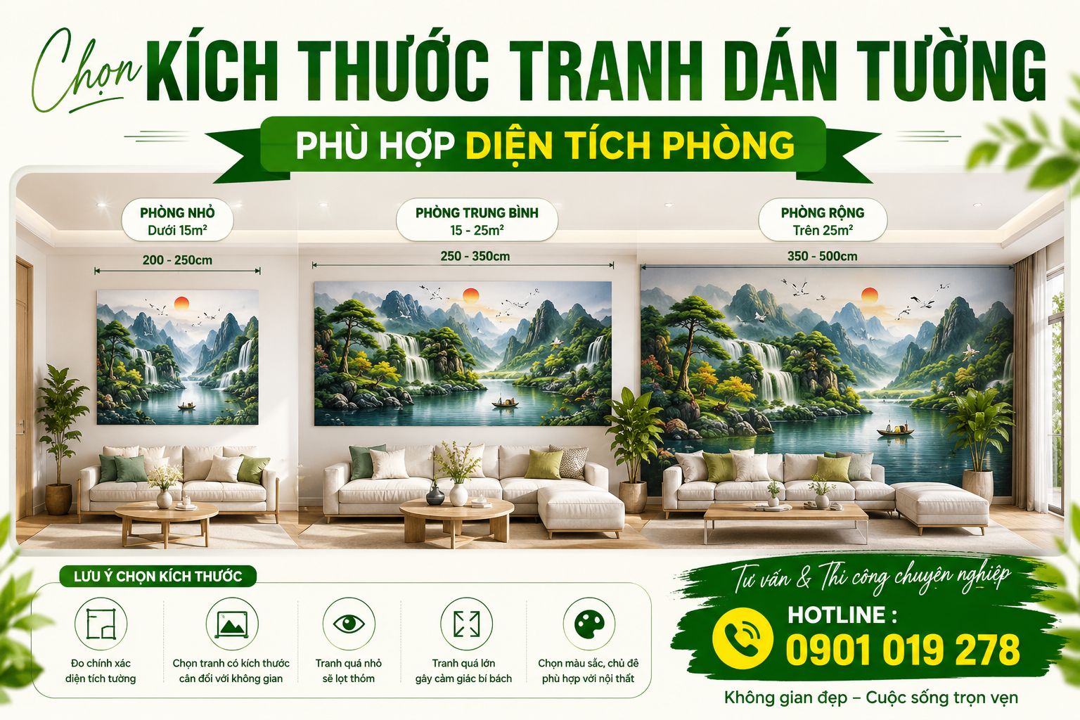 chọn kích thước tranh dán tường phù hợp với diện tích căn phòng