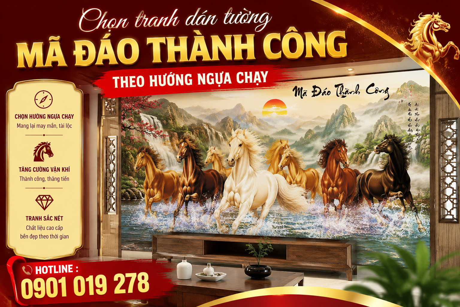 chọn tranh dán tường mã đáo thành công theo hướng ngựa chạy  
