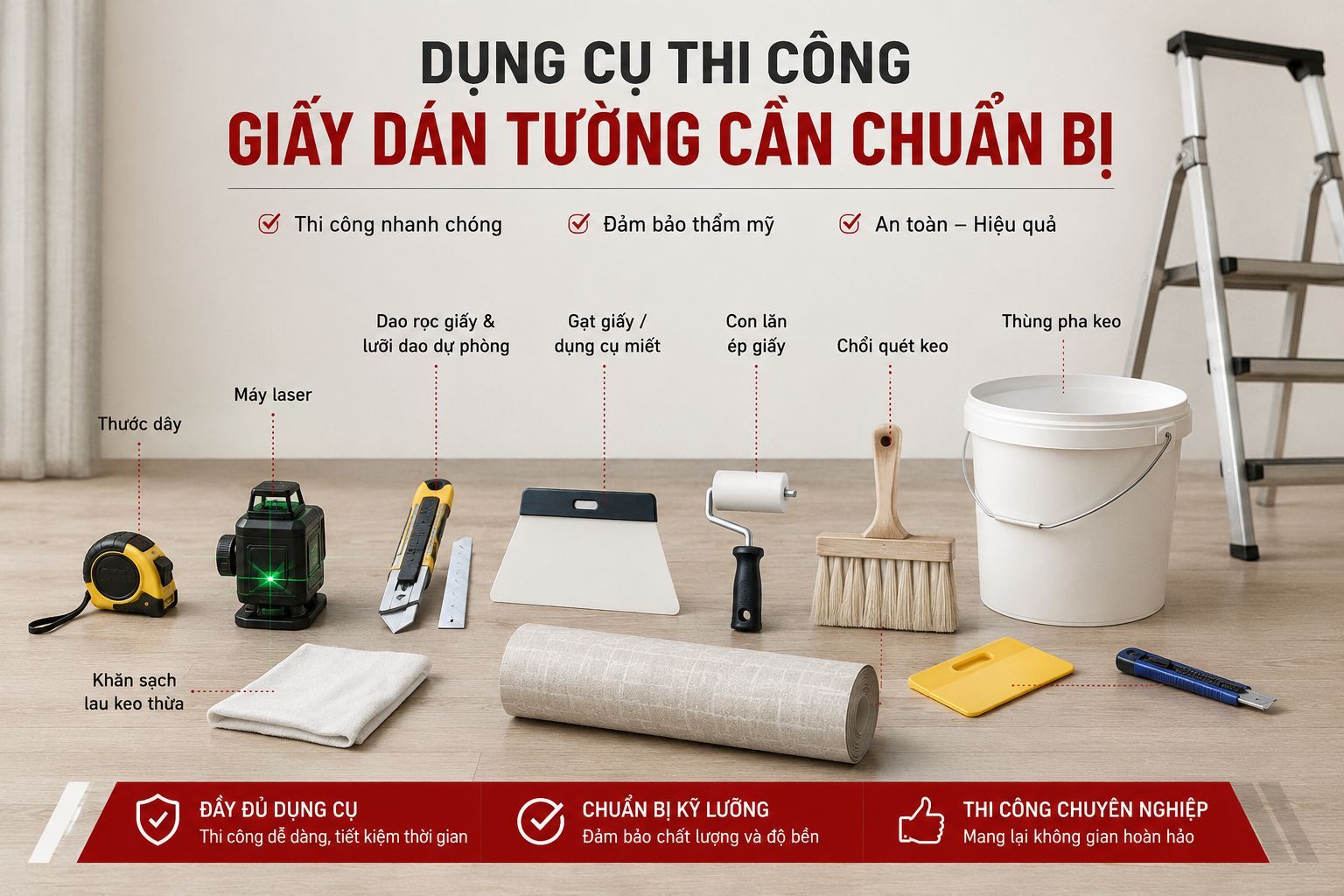 chuẩn bị dụng cụ thi công giấy dán tường 