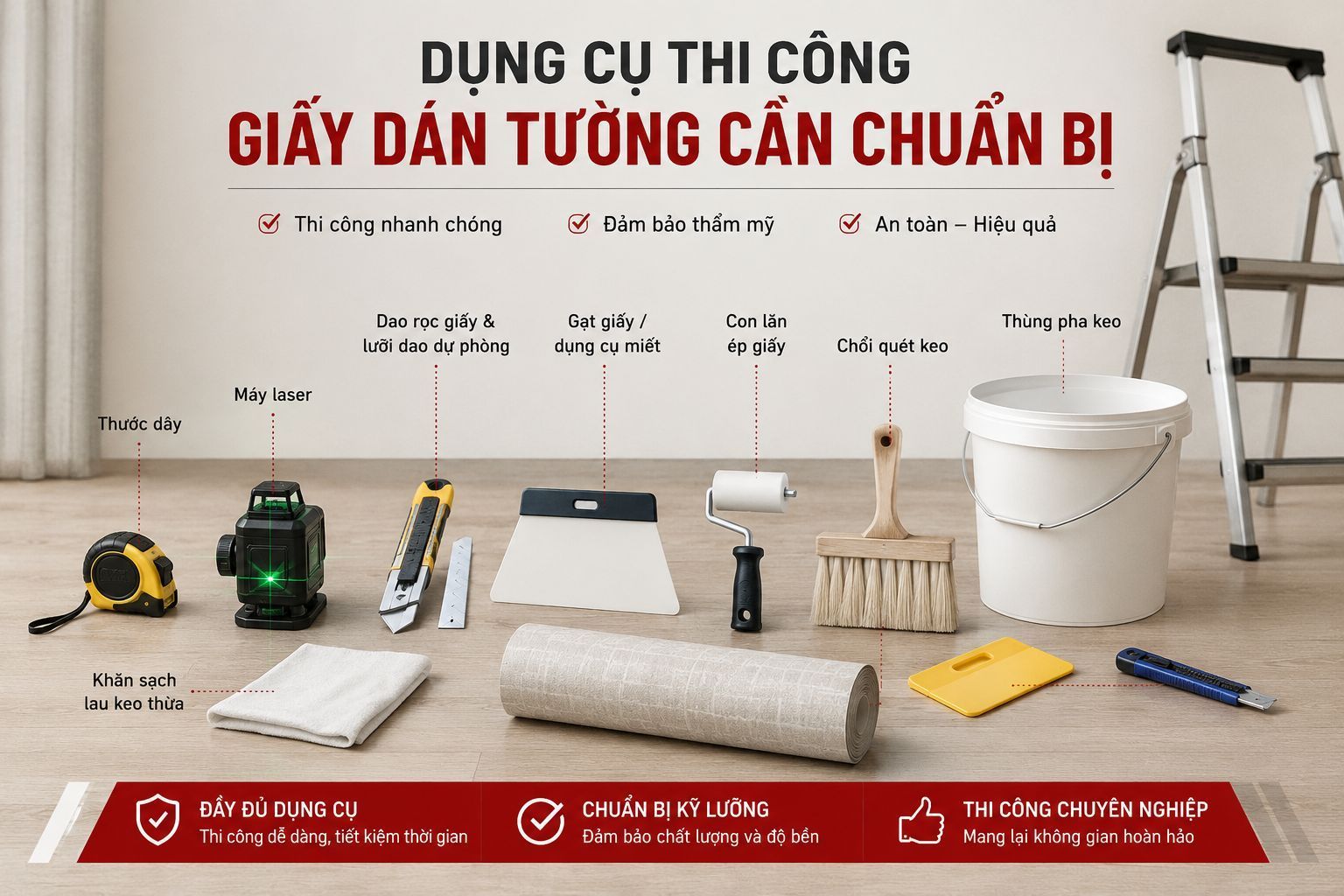 chuẩn bị dụng cụ thi công giấy dán tường 