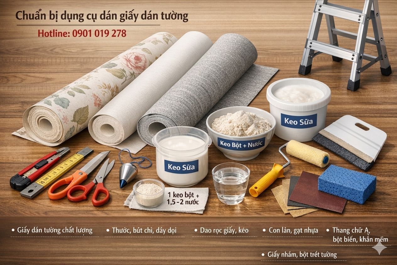 chuẩn bị dụng cụ trước khi thi công giấy dán tường