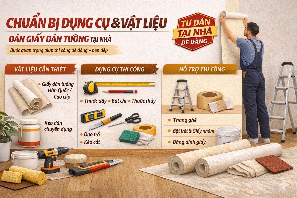 chuẩn bị dụng cụ và vật liệu trước khi dán giấy dán tường tại nhà