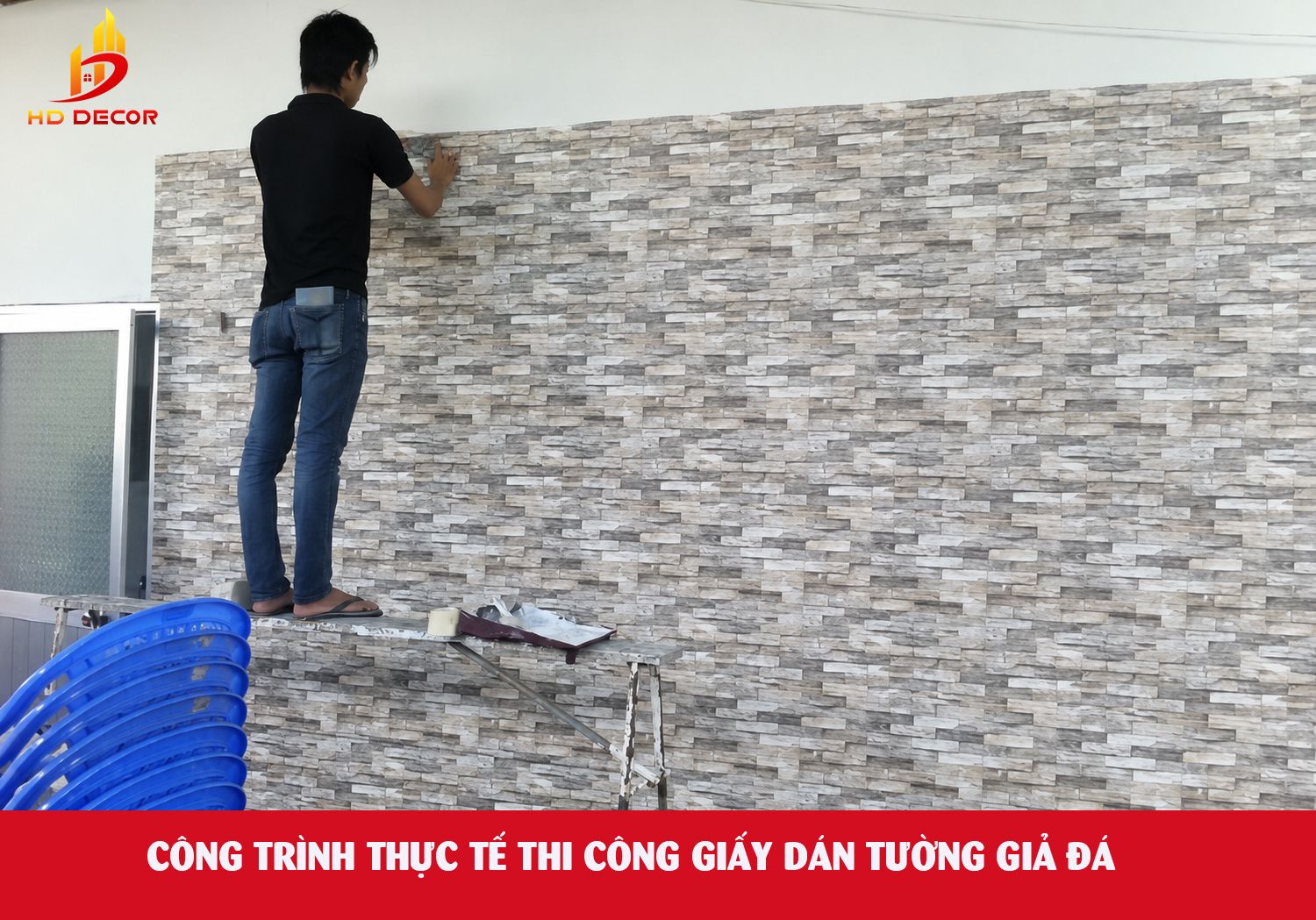 công trình thực tế thi công giấy dán tường giả đá 