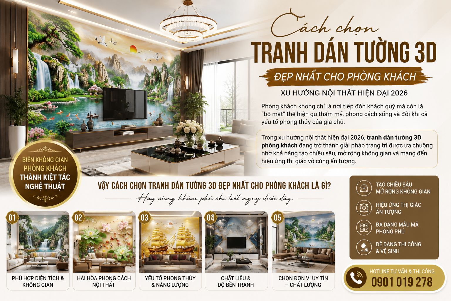 cách chọn tranh dán tường đẹp và phù hợp cho phòng khách 