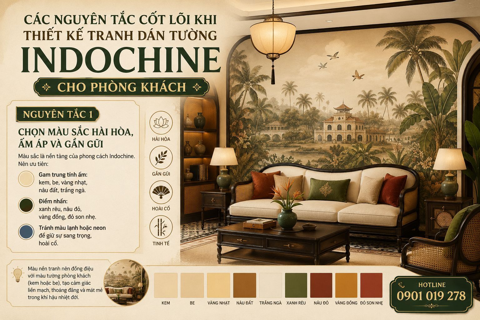 cách chọn tranh dán tường phong cách indochine phòng khách 