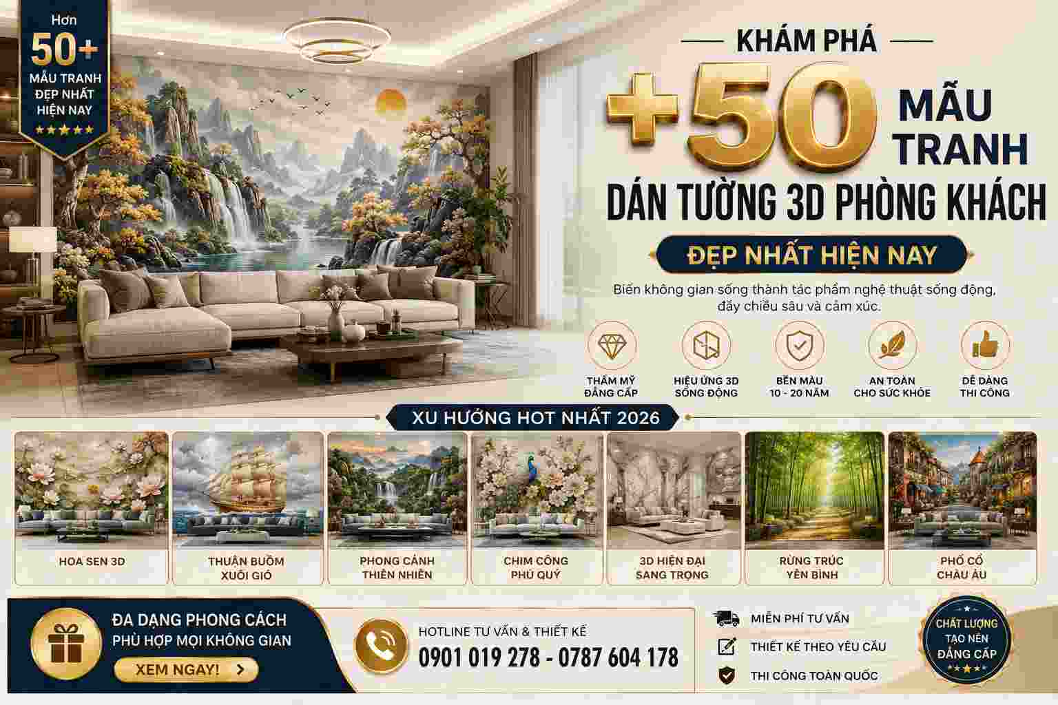 khám phá 50 mẫu tranh dán tường phòng khách đẹp nhất hiện nay