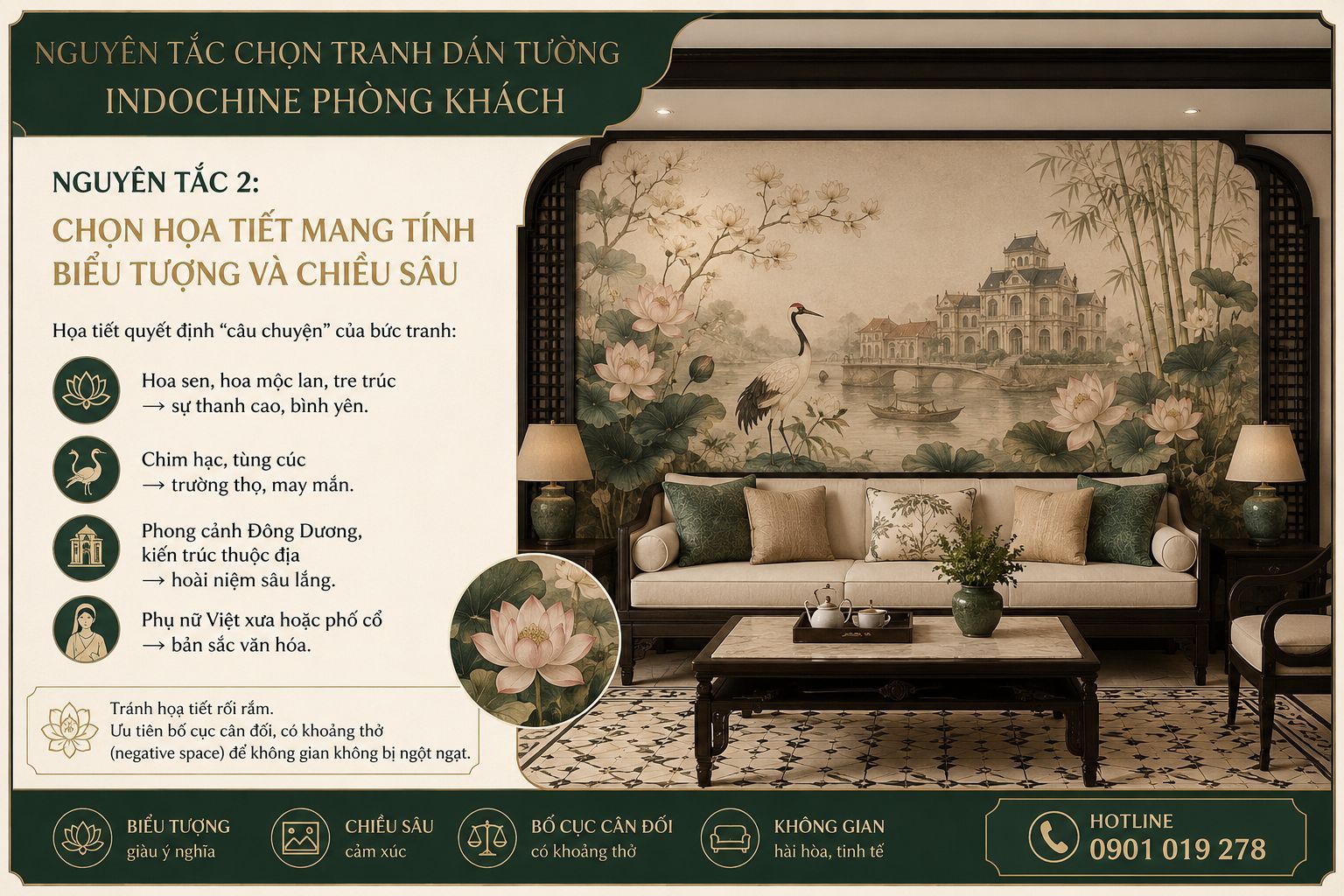 nguyên tắc chọn tranh dán tường phòng khách phong cách indochine 