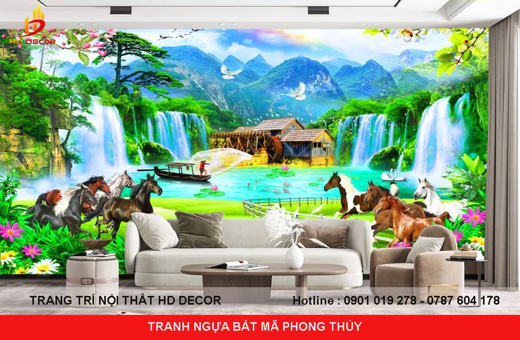 tranh dán tường bát mã phong thủy cho phòng khách