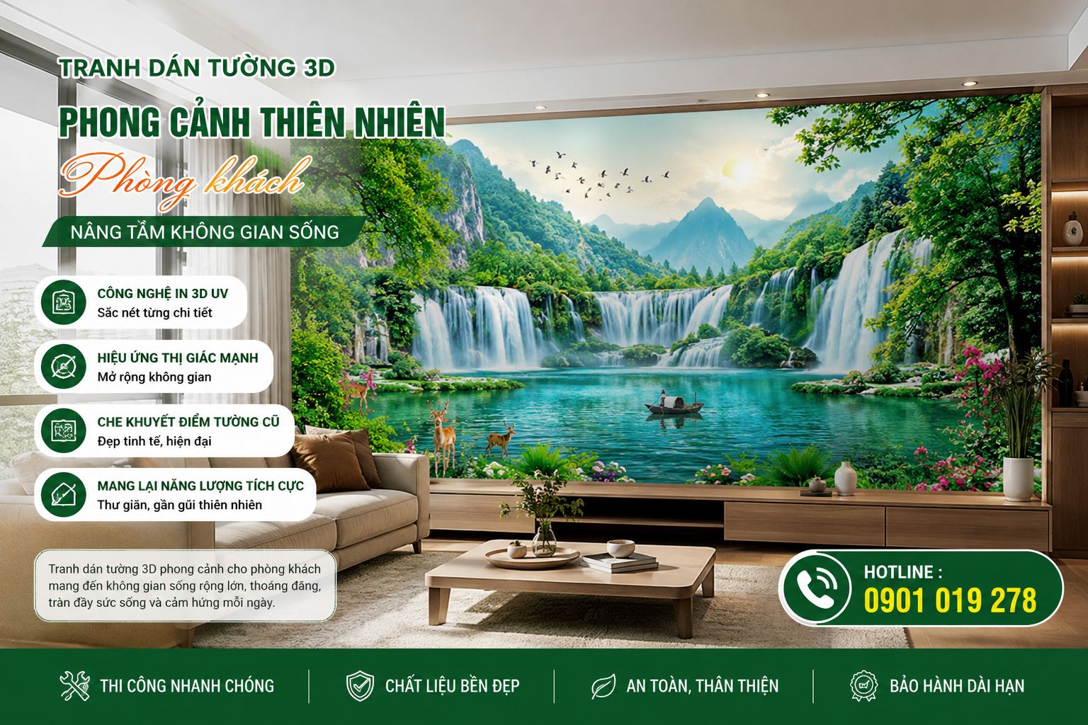 tranh dán tường 3D phong cảnh thiên nhiên phòng khách
