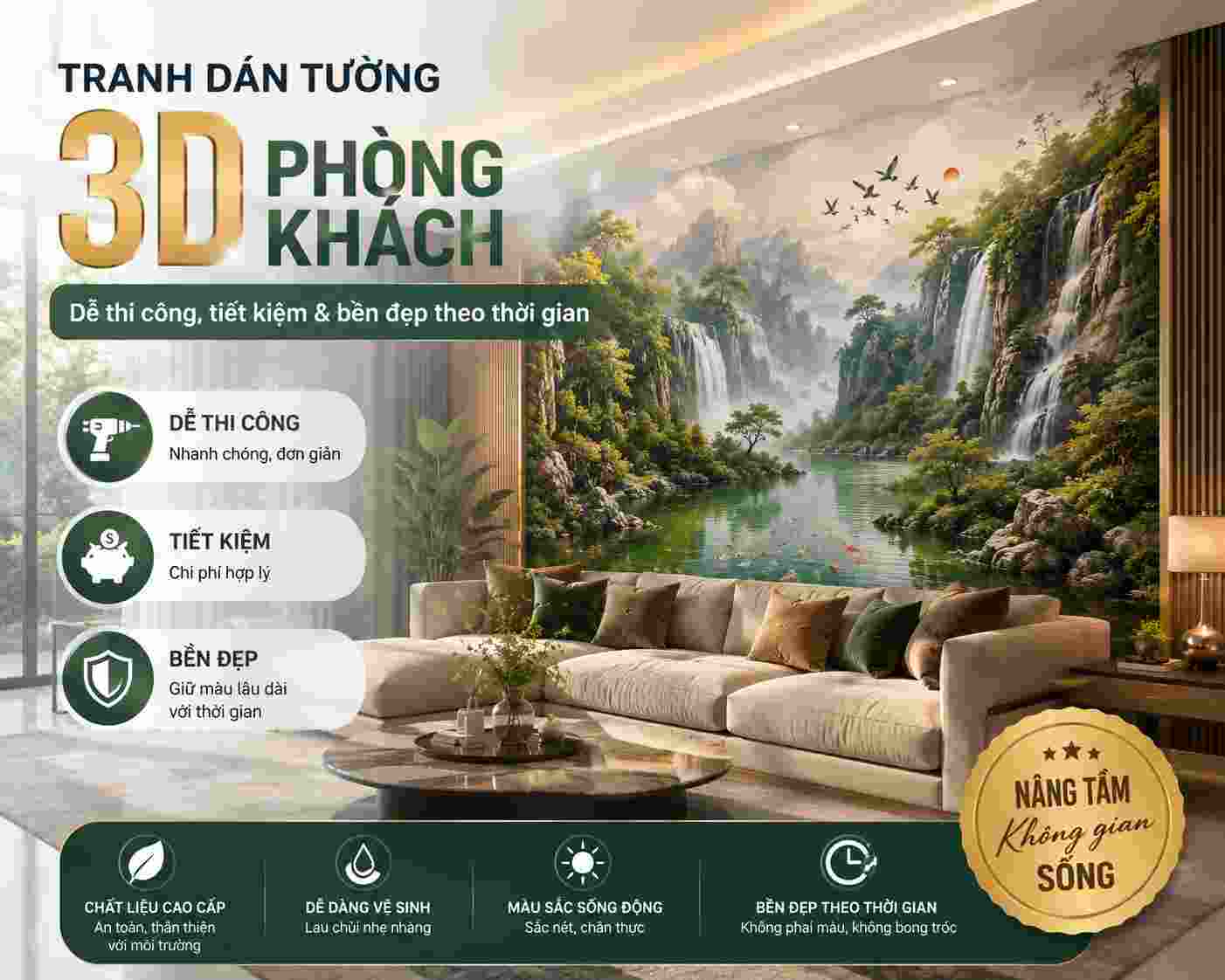 tranh dán tường 3D phòng khách dễ dàng thi công