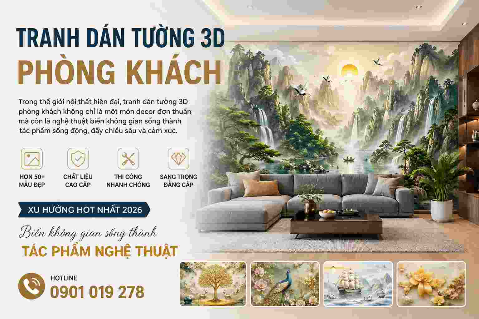tranh dán tường 3D phòng khách đẹp nhất hiện nay