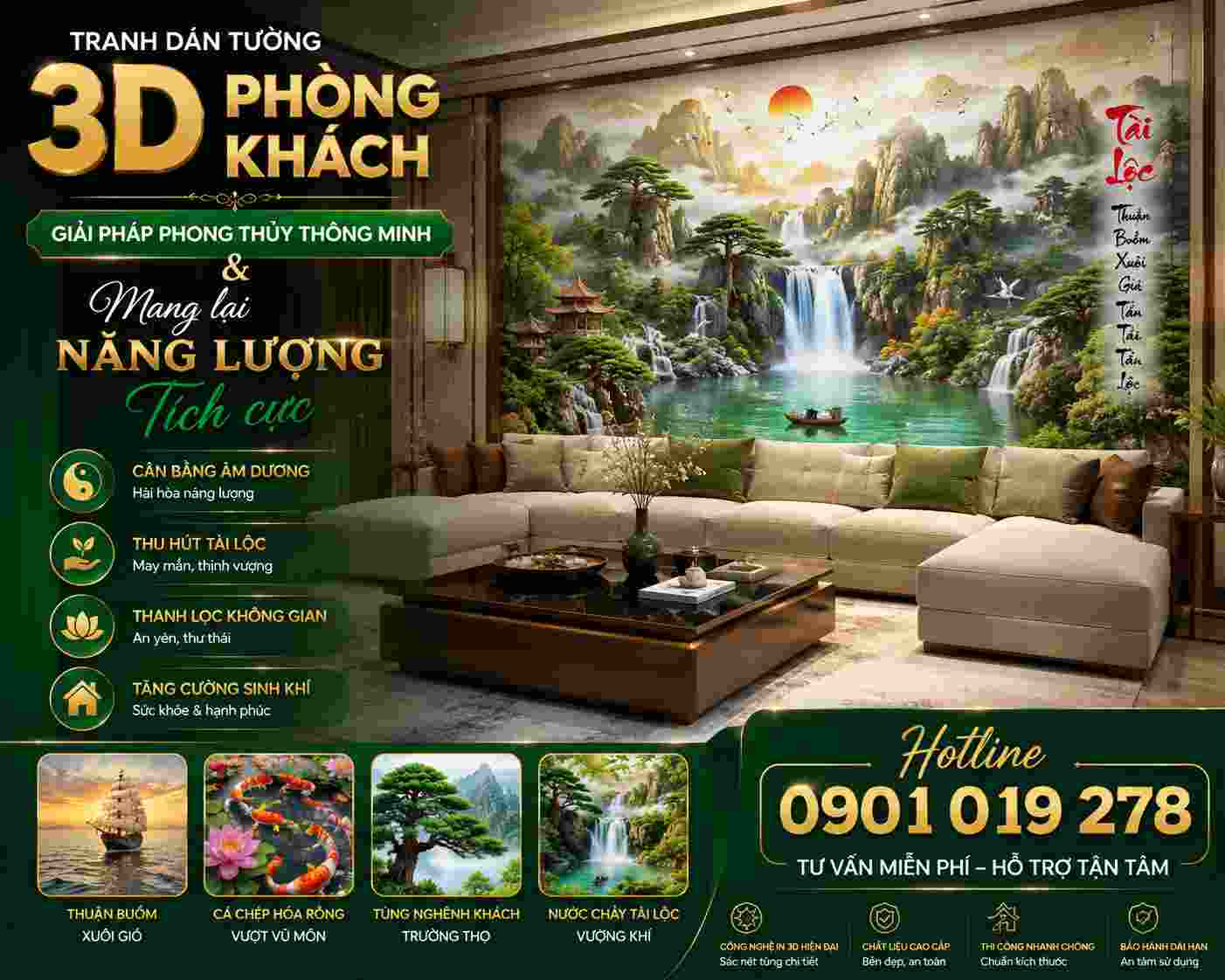 tranh dán tường 3D phòng khách - giải pháp phong thủy thông minh