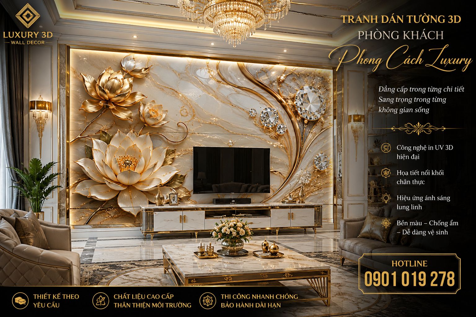 tranh dán tường phòng khách phong cách luxury