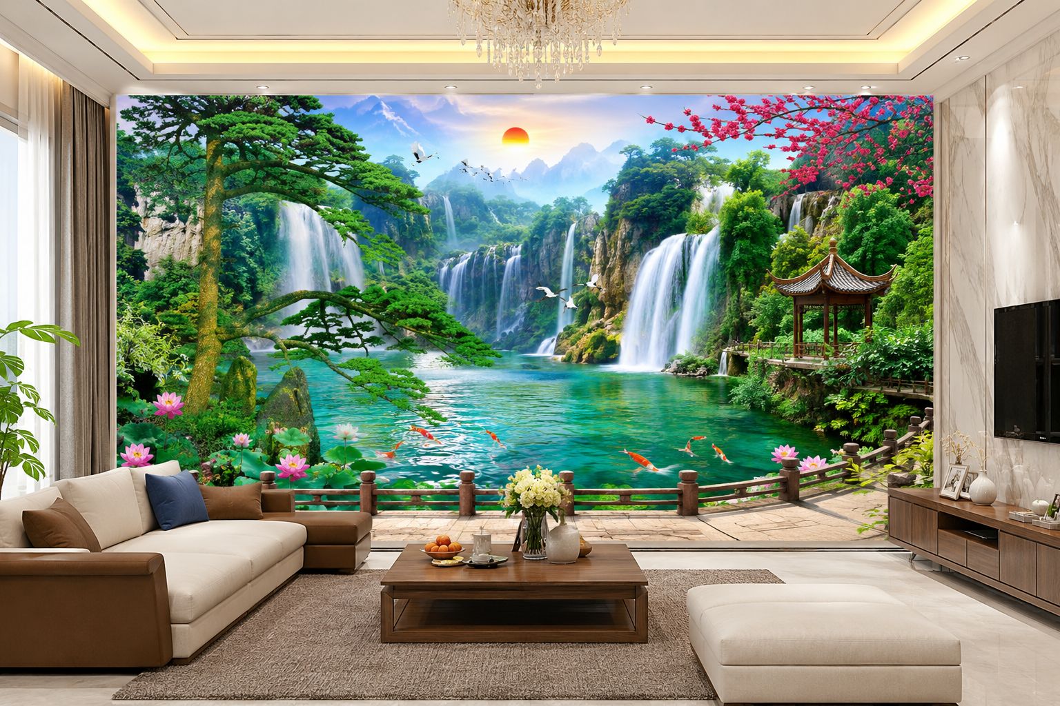 tranh dán tường 3D phong cảnh thiên nhiên cho phòng khách