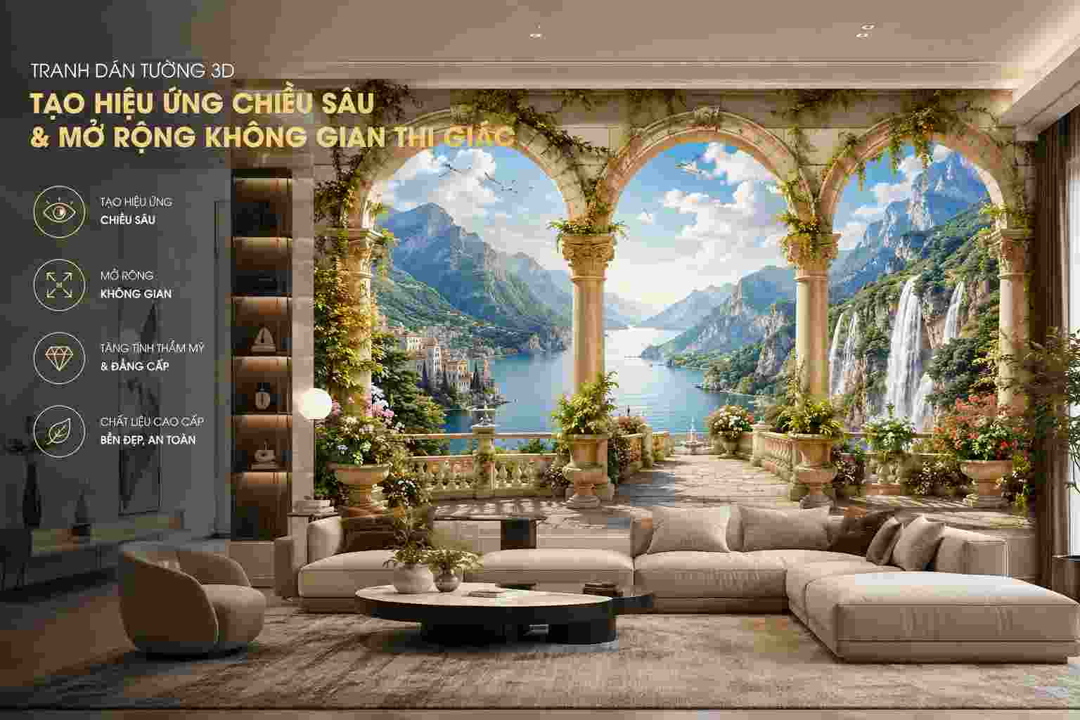 tranh dán tường 3D cho phòng khách tạo hiệu ứng chiều sâu
