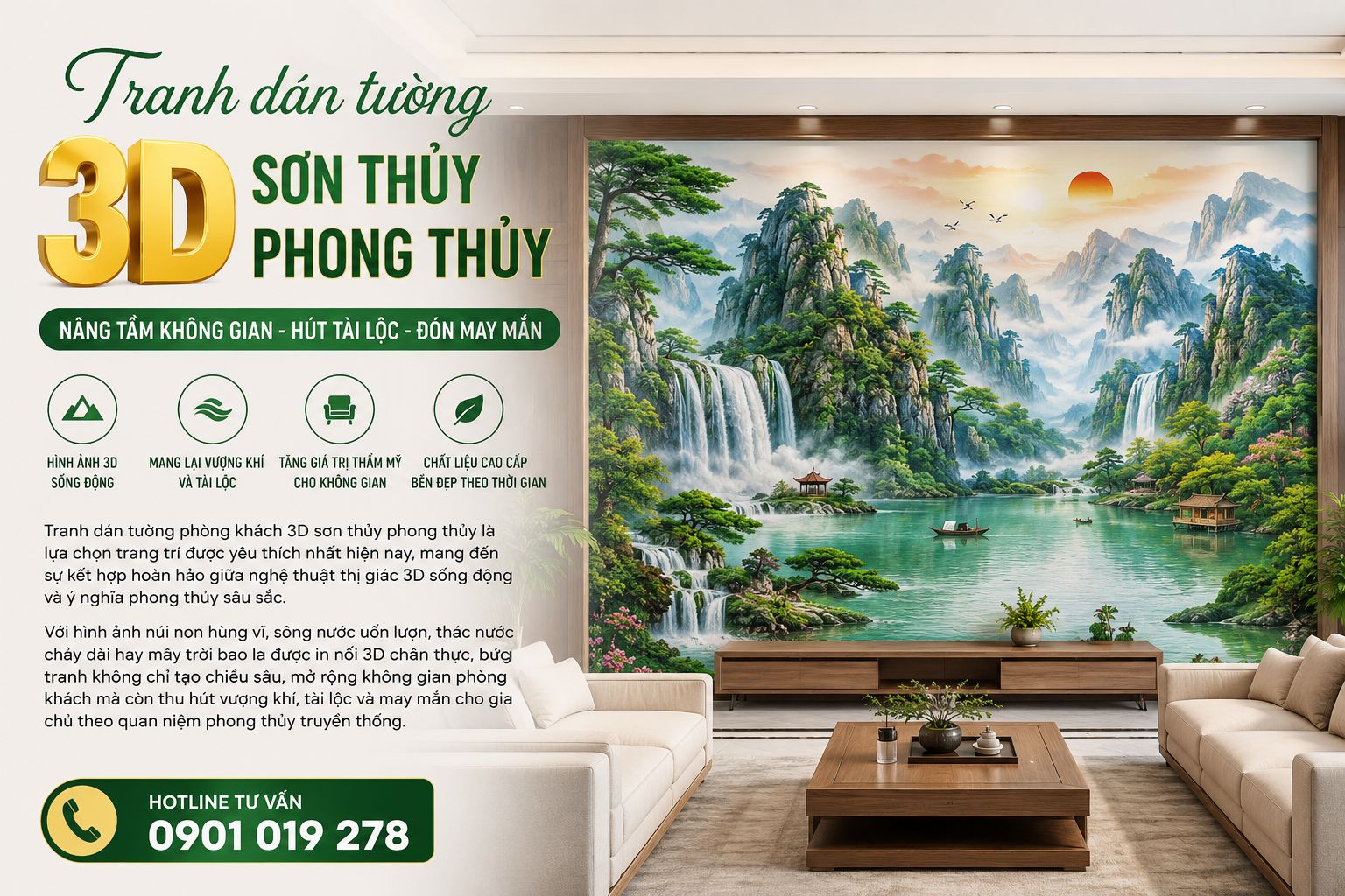 tranh dán tường sơn thủy phong thủy phòng khách