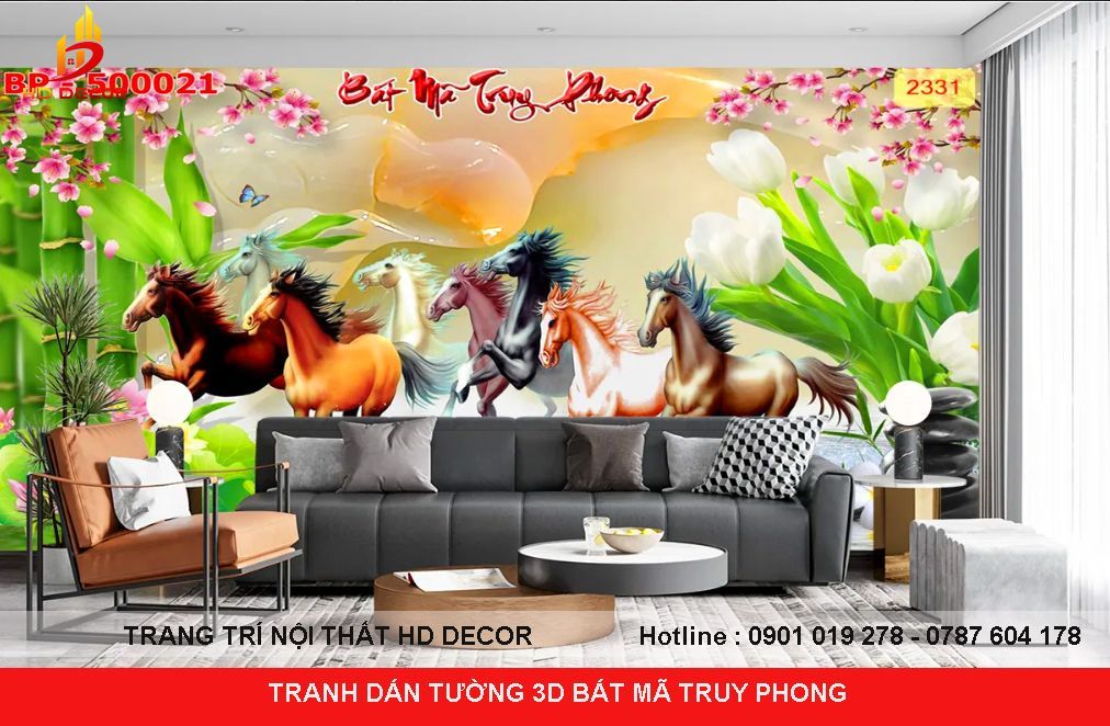 tranh dán tường 3D bát mã truy phong cho phòng khách