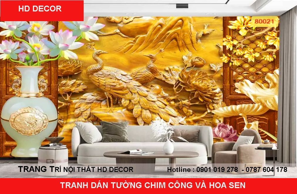 tranh dán tường chim công cho phòng khách 